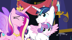 Size: 912x513 | Tagged: safe, screencap, princess cadance, princess flurry heart, shining armor, alicorn, pony, unicorn, best gift ever, baby, baby pony, cute, family, female, filly, foal, male, mare, spread wings, stallion, trio, wings