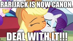 Size: 1136x640 | Tagged: safe, edit, edited screencap, editor:useraccount, screencap, applejack, princess flurry heart, rarity, shining armor, earth pony, pony, unicorn, best gift ever, caption, excessive exclamation marks, female, hug, image macro, lesbian, meme, rarijack, shipping, shipping war in the comments, text