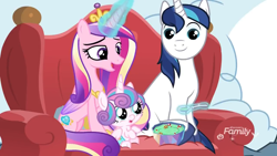 Size: 1280x720 | Tagged: safe, screencap, princess cadance, princess flurry heart, shining armor, alicorn, pony, unicorn, best gift ever, armchair, baby, baby alicorn, baby flurry heart, baby pony, bowl, chair, cutie mark, diaper, diapered, diapered filly, discovery family logo, family, father and child, father and daughter, female, filly, foal, food, glowing horn, magic, male, mare, meme, mother and child, mother and daughter, parent and child, pudding, puddinghead's pudding, smiling, spoon, stallion, telekinesis, trio, twily face