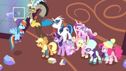 Size: 1920x1080 | Tagged: safe, screencap, applejack, discord, fluttershy, pinkie pie, princess cadance, princess flurry heart, rainbow dash, rarity, shining armor, twilight sparkle, twilight sparkle (alicorn), alicorn, draconequus, dragon, earth pony, pegasus, pony, unicorn, best gift ever, annoyed, baby, baby pony, boots, brother and sister, clothes, crossed arms, earmuffs, father and child, father and daughter, female, filly, flying, foal, glasses, hat, hoof shoes, husband and wife, male, mane six, mare, married couple, mother and child, mother and daughter, parent and child, scarf, shoes, siblings, stallion, twilight's castle