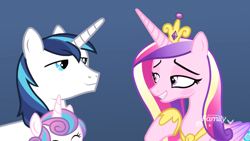 Size: 1920x1080 | Tagged: safe, screencap, princess cadance, princess flurry heart, shining armor, alicorn, pony, unicorn, best gift ever, blushing, duo, female, flirting, hoof shoes, jewelry, male, mare, regalia, shiningcadance, shipping, stallion, straight, tiara