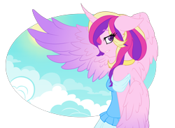 Size: 2696x1972 | Tagged: safe, artist:dubsteppegasister, princess cadance, anthro, clothes, floppy ears, looking back, looking over shoulder, off shoulder, shirt, skirt, solo