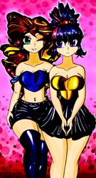 Size: 2250x4169 | Tagged: safe, artist:thegodoflazers, derpibooru import, sunset shimmer, twilight sparkle, human, bare shoulders, breasts, cleavage, humanized