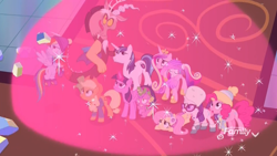 Size: 1920x1080 | Tagged: safe, screencap, applejack, discord, fluttershy, pinkie pie, princess cadance, princess flurry heart, rainbow dash, rarity, shining armor, spike, twilight sparkle, twilight sparkle (alicorn), alicorn, draconequus, dragon, earth pony, pegasus, pony, unicorn, best gift ever, angry, boots, clothes, discovery family logo, earmuffs, father and child, father and daughter, female, flying, force field, glowing horn, hat, hoof shoes, husband and wife, jacket, magic bubble, male, mane seven, mane six, married couple, mittens, mother and child, mother and daughter, parent and child, scared, scarf, shoes, wing hands, winged spike