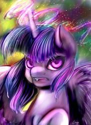 Size: 2400x3300 | Tagged: safe, artist:cartoonowl, derpibooru import, twilight sparkle, twilight sparkle (alicorn), alicorn, pony, female, frown, magic, mare, solo, spread wings