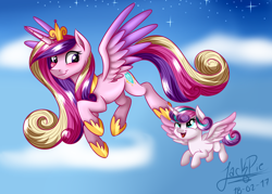 Size: 1820x1300 | Tagged: safe, artist:jack-pie, princess cadance, princess flurry heart, alicorn, pony, baby, baby pony, blushing, cloud, cute, cutedance, duo, female, flurrybetes, flying, mother and child, mother and daughter, open mouth, parent and child, signature, sky, smiling, spread wings, stars