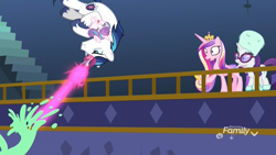 Size: 1920x1080 | Tagged: safe, screencap, princess cadance, princess flurry heart, rarity, shining armor, alicorn, pony, unicorn, best gift ever, badass, blast, discovery family logo, female, filly, foal, food, glowing horn, hoof shoes, magic, magic blast, male, mare, pudding, puddinghead's pudding, shocked, somersault, stallion, surprised, tongue out, twilight's castle