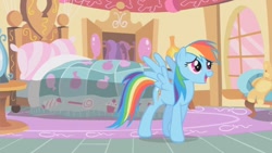 Size: 853x480 | Tagged: safe, screencap, rainbow dash, pegasus, pony, party of one, blue coat, female, mare, multicolored mane