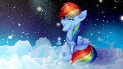 Size: 1280x720 | Tagged: safe, artist:twigileia, rainbow dash, pegasus, pony, cloud, crying, on a cloud, solo, space, starry night, tears of joy