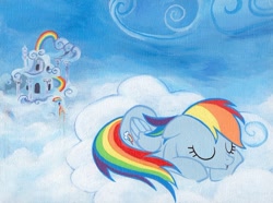 Size: 750x557 | Tagged: safe, artist:thepingaslord, rainbow dash, pegasus, pony, cloud, cloudy, sleeping, solo, traditional art