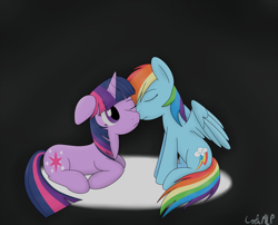 Size: 2000x1615 | Tagged: dead source, safe, artist:colinmlp, rainbow dash, twilight sparkle, pegasus, pony, crying, female, lesbian, nuzzling, shipping, simple background, twidash