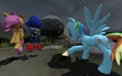 Size: 1280x800 | Tagged: safe, artist:dirtpeanut, rainbow dash, scootaloo, pegasus, pony, chaos emerald, crossover, doctor eggman, gmod, metal sonic, sonic the hedgehog (series)