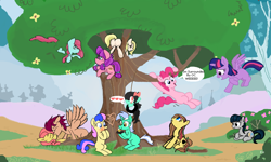 Size: 900x540 | Tagged: safe, artist:woox, derpibooru import, bon bon, fluttershy, lily longsocks, lyra heartstrings, pinkie pie, sweetie drops, twilight sparkle, twilight sparkle (alicorn), oc, oc:dizzy cream, oc:flockmod, alicorn, earth pony, pegasus, pony, collaboration, canon x oc, female, flockmod, lesbian, lyrabon, male, mare, multiple artists, shipping, straight