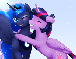 Size: 1162x909 | Tagged: safe, artist:gvardianangel, princess luna, twilight sparkle, twilight sparkle (alicorn), alicorn, pony, blushing, eyes closed, female, floppy ears, grin, heart, hug, lesbian, mare, one eye closed, open mouth, open smile, raised hoof, shipping, smiling, twiluna, wink