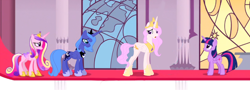 Size: 1584x570 | Tagged: safe, artist:deserter, edit, edited screencap, screencap, princess cadance, princess celestia, princess luna, twilight sparkle, twilight sparkle (alicorn), alicorn, pony, twilight's kingdom, bags under eyes, clothes, depowered, lowres, missing cutie mark, oversized clothes, pink-mane celestia, s1 luna