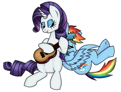 Size: 1031x779 | Tagged: safe, artist:zeldacourage, rainbow dash, rarity, pegasus, pony, unicorn, female, guitar, lesbian, raridash, shipping, sleeping