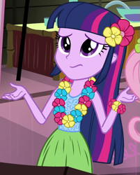 Size: 533x664 | Tagged: safe, derpibooru import, screencap, twilight sparkle, twilight sparkle (alicorn), alicorn, equestria girls, rainbow rocks, shake your tail, clothes, grass skirt, hula, hulalight, lei, outfit catalog, skirt, solo