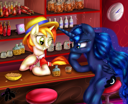 Size: 2700x2200 | Tagged: safe, artist:katakiuchi4u, peachy pitt, princess luna, alicorn, pony, alcohol, bar, blushing, clothes, drink, drunk, drunk luna, female, glass, hat, implied lesbian, implied shipping, mare, missing accessory, smiling