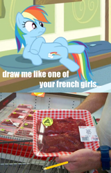 Size: 422x658 | Tagged: safe, edit, edited screencap, screencap, rainbow dash, human, pony, caption, draw me like one of your french girls, female, food, france, horse meat, image macro, implied vore, male, mare, meat, pose, titanic