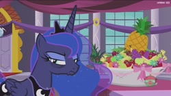 Size: 1920x1080 | Tagged: safe, screencap, princess luna, alicorn, pony, a royal problem, bags under eyes, food, grumpy, pineapple, solo