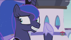 Size: 1920x1080 | Tagged: safe, screencap, princess luna, alicorn, pony, a royal problem, forced smile, grin, nervous, nervous grin, smile and wave, smiling, solo