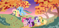 Size: 1152x558 | Tagged: safe, artist:cocopommel-rd, derpibooru import, applejack, fluttershy, pinkie pie, rainbow dash, rarity, twilight sparkle, twilight sparkle (alicorn), alicorn, earth pony, pegasus, pony, unicorn, autumn, clothes, female, flying, mare, path, saddle bag, scarf