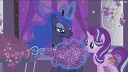 Size: 1920x1080 | Tagged: safe, screencap, princess luna, starlight glimmer, alicorn, pony, unicorn, a royal problem, duo, female, flower, glowing horn, lavender, magic, magic aura, mare, telekinesis