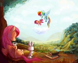 Size: 2394x1946 | Tagged: safe, artist:nayshie, angel bunny, fluttershy, rainbow dash, scootaloo, pegasus, pony, book, cloud, cloudy, flying, ponyville, scootaloo can fly, tea