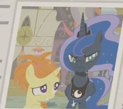 Size: 432x383 | Tagged: safe, screencap, indian summer, princess luna, alicorn, pony, a royal problem, cropped, faic, grumpy luna, newspaper, photo, scowl