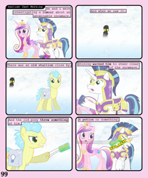 Size: 900x1080 | Tagged: safe, artist:lister-of-smeg, princess cadance, shining armor, oc, oc:pulp puree, alicorn, earth pony, pony, unicorn, comic:crystal heart attack, comic, male, snow, snowmare, stallion