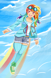 Size: 1540x2353 | Tagged: safe, artist:reaper145, rainbow dash, converse, flying, goggles, humanized, shoes, solo