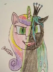 Size: 701x960 | Tagged: safe, artist:rapidsnap, princess cadance, queen chrysalis, alicorn, changeling, changeling queen, pony, bust, traditional art, transformation