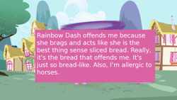 Size: 500x281 | Tagged: safe, edit, edited screencap, screencap, rainbow dash, pegasus, pony, friendship is magic, meta, offensive ponies, text