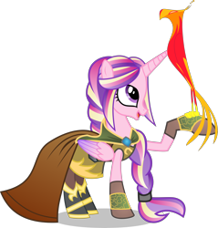 Size: 9000x9417 | Tagged: safe, artist:limedazzle, philomena, princess cadance, alicorn, phoenix, pony, absurd resolution, alternate hairstyle, cape, clothes, open mouth, raised hoof, simple background, transparent background, vector, zigs