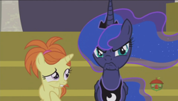 Size: 1920x1090 | Tagged: safe, screencap, indian summer, princess luna, alicorn, pony, a royal problem, >:c, faic, female, filly, frown, grumpy luna, logo, luna is not amused, scared, scowl, treehouse, treehouse logo