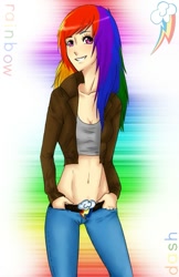 Size: 719x1111 | Tagged: safe, artist:mylittlerennie, rainbow dash, clothes, humanized, jacket, jeans, midriff, pants, solo, tanktop