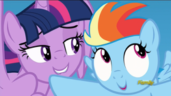 Size: 1920x1080 | Tagged: safe, derpibooru import, screencap, rainbow dash, twilight sparkle, twilight sparkle (alicorn), alicorn, pegasus, pony, the cutie re-mark, c:, discovery family logo, faic, female, filly, filly rainbow dash, grin, lidded eyes, lip bite, looking away, mare, open mouth, out of context, smiling, twilest dashle, twilight is a foal fiddler, wide eyes
