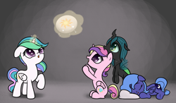 Size: 1958x1147 | Tagged: safe, artist:nimaru, princess cadance, princess celestia, princess luna, queen chrysalis, alicorn, changeling, changeling queen, nymph, pony, cewestia, chwisalis, cute, cutealis, cutedance, cutelestia, female, filly, floppy ears, flying, lunabetes, magic, nom, pillow, raised hoof, sleeping, sleepover, time paradox, woona, younger