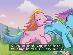 Size: 640x480 | Tagged: safe, rainbow dash, rainbow dash (g3), rarity (g3), g3, greetings from unicornia, lore, song, subtitles, sun, wish you were here (song)