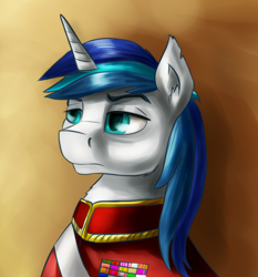 Size: 2700x2900 | Tagged: safe, artist:dukevonkessel, shining armor, pony, unicorn, bust, clothes, ear fluff, male, portrait, simple background, solo, stallion, uniform