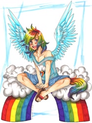 Size: 808x1072 | Tagged: safe, artist:fir3h34rt, rainbow dash, clothes, humanized, sandals, shorts, solo, tailed humanization, winged humanization