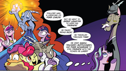 Size: 1988x1119 | Tagged: safe, artist:andypriceart, idw, accord, apple bloom, discord, princess cadance, scootaloo, starlight glimmer, sweetie belle, twilight sparkle, twilight sparkle (alicorn), alicorn, draconequus, pony, three's a crowd, spoiler:comic, spoiler:comic24, spoiler:comic50, comic, cutie mark crusaders, hug, official comic, panel