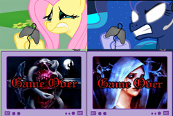 Size: 1116x746 | Tagged: safe, edit, fluttershy, princess luna, alicorn, pegasus, pony, snake, blood, castlevania, castlevania: portrait of ruin, controller, creepy, crying, exploitable meme, female, game over, gamer luna, gamershy, hoof hold, lip bite, mare, meme, obligatory pony, pink mane, rage, skull, sword, tears of blood, teary eyes, teeth, tv meme, virgin mary, weapon, yellow coat