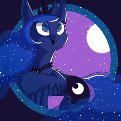 Size: 500x500 | Tagged: safe, artist:tilling-tan, princess luna, alicorn, pony, cute, cute little fangs, fangs, female, looking up, mare, moon, night, solo, stars