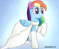 Size: 1800x1500 | Tagged: safe, artist:ezescratch, rainbow dash, pegasus, pony, clothes, dress, wedding dress