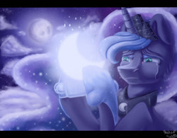 Size: 1080x841 | Tagged: safe, artist:madamsara76, princess luna, alicorn, pony, cloud, crying, moon, night, solo, stars, tangible heavenly object