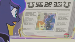 Size: 1248x707 | Tagged: safe, screencap, princess luna, alicorn, pony, a royal problem, foal free press, newspaper, scowl, solo