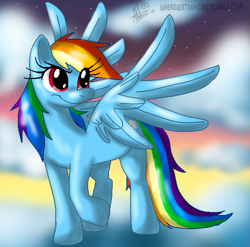 Size: 601x594 | Tagged: dead source, safe, artist:thepipefox, rainbow dash, pegasus, pony, cloud, female, mare, raised hoof, sky, smiling, solo, spread wings, wings