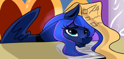 Size: 1204x577 | Tagged: safe, artist:patch, derpibooru exclusive, princess luna, alicorn, pony, a royal problem, cute, female, mare, sad, sadorable, scene interpretation, scroll, solo, tired