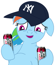 Size: 619x712 | Tagged: safe, rainbow dash, pegasus, pony, beer belly, bro, energy drink, hat, jonne, new york yankees